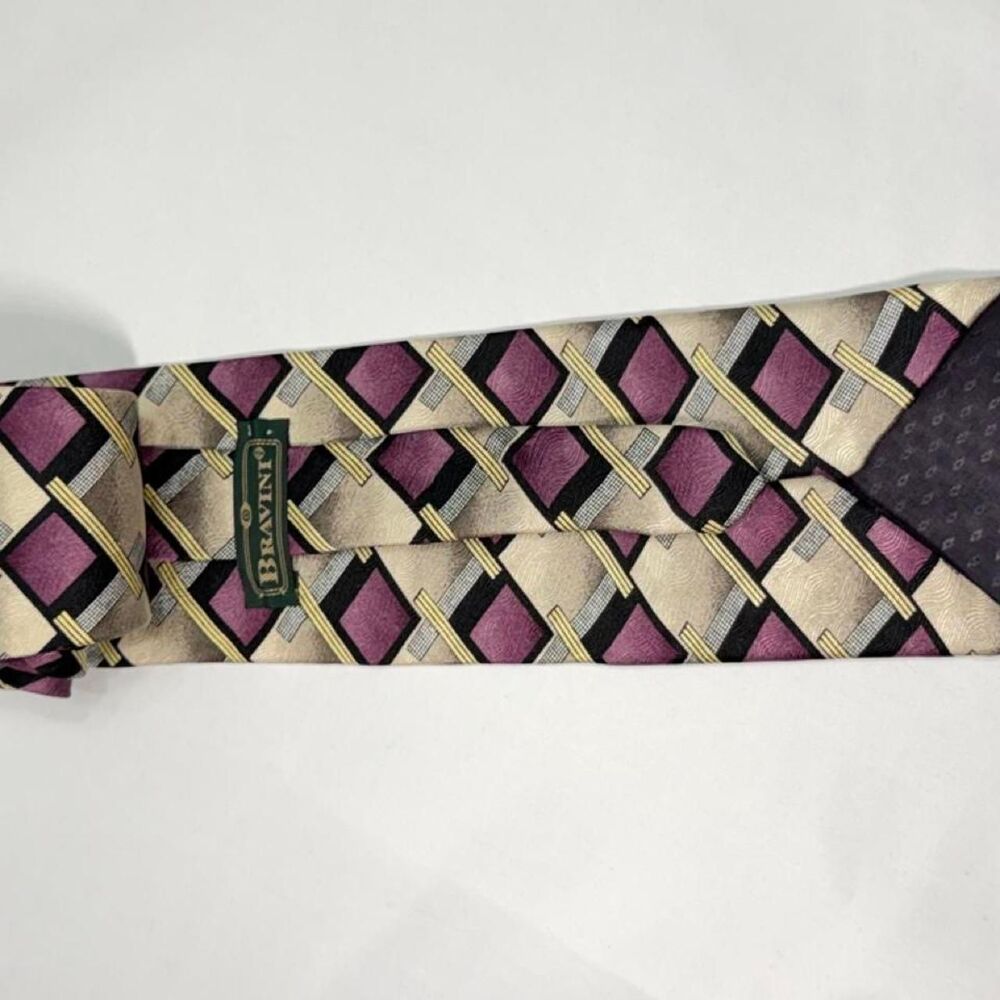 Bravini 100% Silk Tie Purple Gold Geometric Art Deco Made USA - Picture 4 of 5